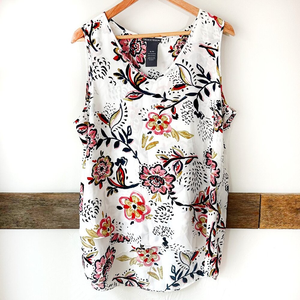 Chelsea and Theodore White Floral Top XL Hi‎ Low Pristine Tunic